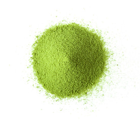 matcha green tea powder on white background. top view