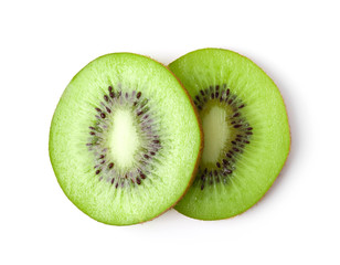 Slice of kiwi fruit isolated on white background. top view