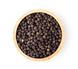 pepper corn in wood bowl isolated on white background. top view