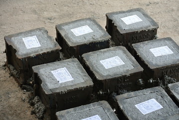 Cube test. Steel mold in square shape used to get standard square shape concrete block. The...