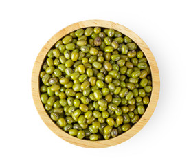Mung beans in wood bowl isolated on white background. top view
