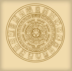 Maya calendar of Mayan or Aztec vector hieroglyph signs and symbols