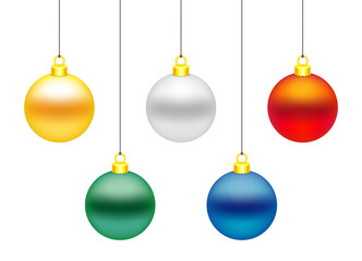 Set of 5 colorful Christmas balls. Golden, white, red, green and blue. Vector illustration, isolated on white