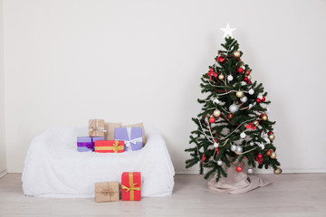 Christmas tree gifts new year white room with sofa