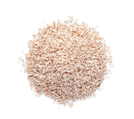 brown rice isolated on white background. top view