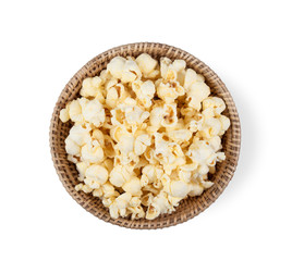 popcorn in basket isolated on white background. top view