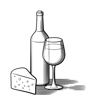 Composition of wine bottle, wineglass and piece of cheese. Retro style black and white vector illustration