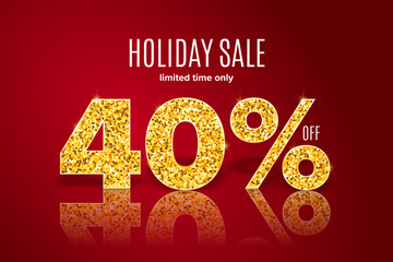 Golden holiday sale 40 percent off on red background. Limited time only. Template for a banner, poster, shopping, discount, invitation