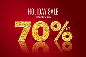 Golden holiday sale 70 percent off on red background. Limited time only. Template for a banner, poster, shopping, discount, invitation