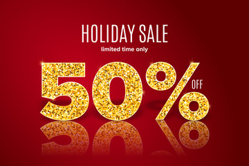 Golden holiday sale 50 percent off on red background. Limited time only. Template for a banner, poster, shopping, discount, invitation