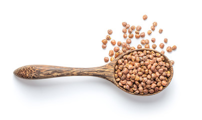 beans in wood spoon  isolated on white background. top view