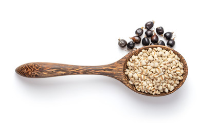 Job's tears in wood spoon isolated on white background. top view