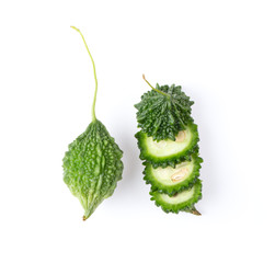 balsam apple, balsam pear, bitter cucumber, bitter gourd, bitter melon on white background. top view