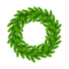 Realistic Christmas wreath from fir tree branches. Template for a banner, poster, invitation