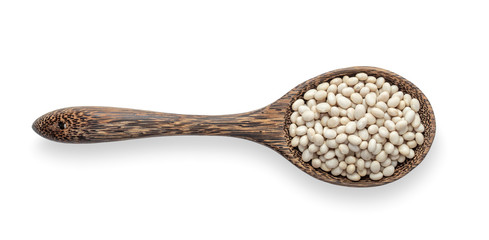 white beans in wood spoon isolated on white background. top view