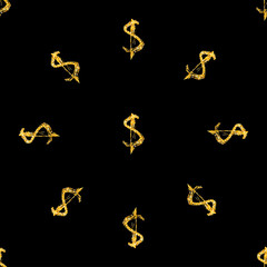 Golden dollars seamless pattern background. Template for a business card, banner, poster, notebook, invitation with modern hand drawn grunge calligraphy