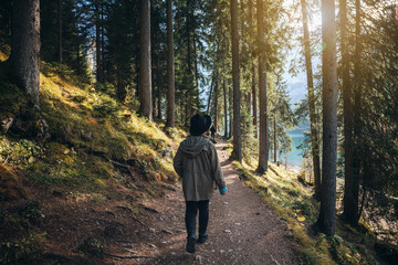 Fototapeta premium The girl goes through a beautiful pine forest