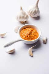 Garlic chutney, made using lahsun/lehsun originating from the India, served in a bowl over moody background. selective focus