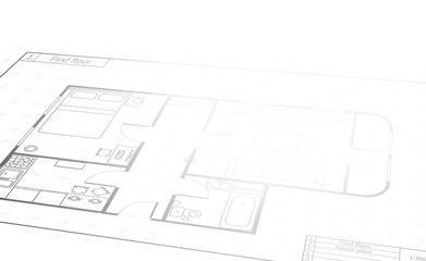 Engineering white scroll with detailed house plan, building blueprint in perspective with text place on white