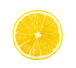 Top view of textured ripe slice of lemon citrus fruit isolated on white background