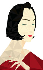 Colorful polygonal style design of asian woman in red dress with red lips
