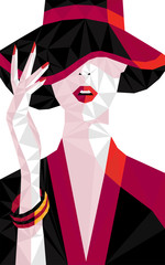 Colorful polygonal style design of asian woman with red lips in red hat and kimono
