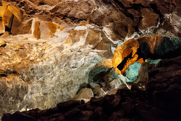 Inside volcanic cave with name Cueva de los Verdes. Lanzarote. Canary Islands. Spain
