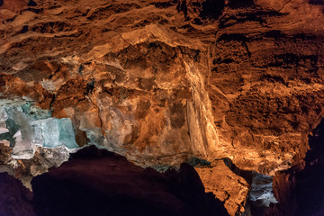 Inside volcanic cave with name Cueva de los Verdes. Lanzarote. Canary Islands. Spain