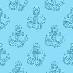 Anchors with rope. Blue sketch as seamless pattern