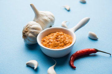 Garlic chutney, made using lahsun/lehsun originating from the India, served in a bowl over moody background. selective focus