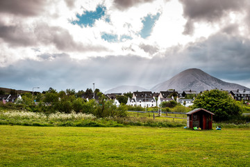 isle of skye landscape scenery in scottland great britain, typical skye weather on a moody summer day with some rain in the morning