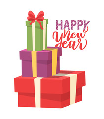 Happy New Year Greeting Card with Pile of Presents