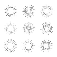 Vector Set of Retro Rays,Shining, Black Outline Drawings, Vintage Sketch Design Elements Collection.