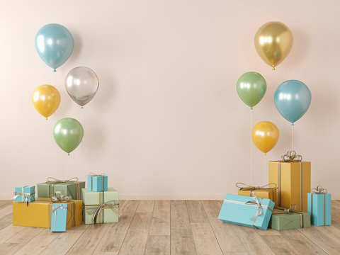 Beige, yellow blank wall, colorful interior with gifts, presents, balloons for party, birthday, events. 3d render illustration, mockup.