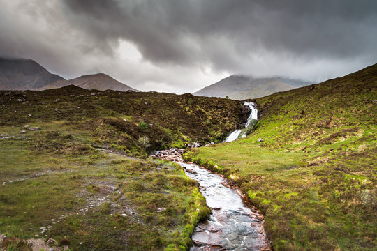 isle of skye landscape scenery in scottland great britain, typical skye weather on a moody summer day with some rain in the morning