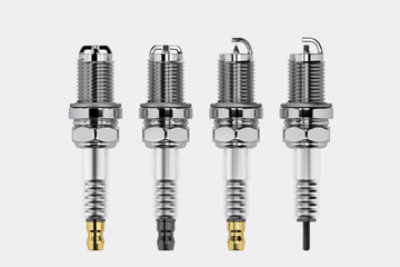 Spare parts spark plugs on white background for car and motorcycle. New auto parts spark plug. 3D rendering