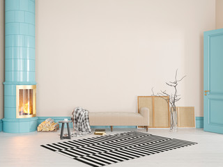 Beige, yellow, blue scandinavian, classic interior with couch, stove, fireplace, carpet. 3d render illustration mock up.