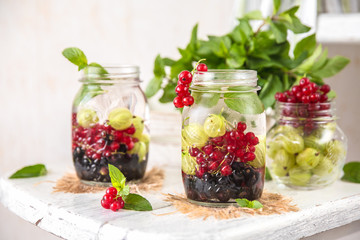 Cold Fruit Infused Detox Water with black currants, red currants, gooseberries and mint
