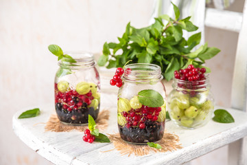 Cold Fruit Infused Detox Water with black currants, red currants, gooseberries and mint