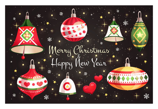 Greeting card with a Merry Christmas and Happy New Year text and decorative elements: christmas toys, bells, snowflakes, stars, hearts on shiny black background