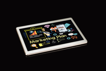 Marketing Plan theme with tablet screen on black background