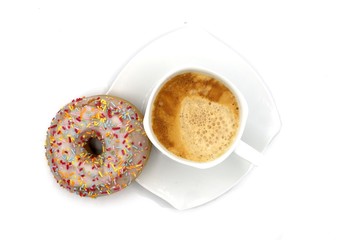 coffee cup and sweet donut on white background. Cozy sweet breakfast 