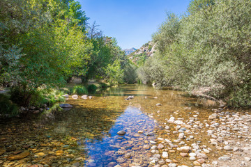landscape of Manzanares River, with transparent water, tress, plants and blue sky in Camorza Gorge (Madrid, Spain, Europe)