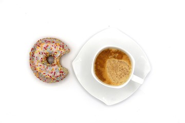 coffee cup and sweet donut on white background. Cozy sweet breakfast 