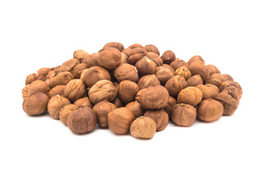 Hazelnut nuts on white background. peeled filbert
