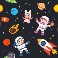 Naklejka premium Wzór przestrzeni. Elementy kosmiczne. Planeta ziemia, słońce i galaktyka, statek kosmiczny i gwiazda, księżyc i małe dzieci astronauta, ilustracja wzoru.