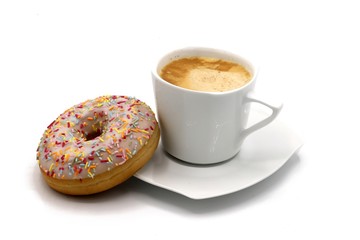 coffee cup and sweet donut on white background. Cozy sweet breakfast 