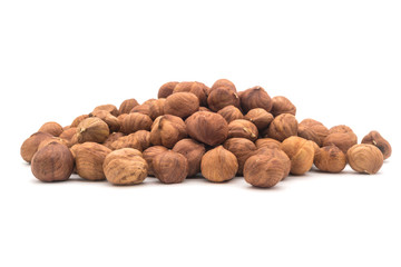 Hazelnut nuts on white background. peeled filbert