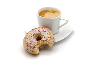 coffee cup and sweet donut on white background. Cozy sweet breakfast 