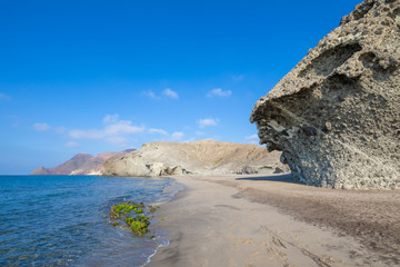 Fototapeta na wymiar seaside of Monsul Beach, in Gata Cape Natural Park (Cabo de Gata in Spanish), wild and beautiful famous destination, in Almeria (Nijar, Andalusia, Spain, Europe)